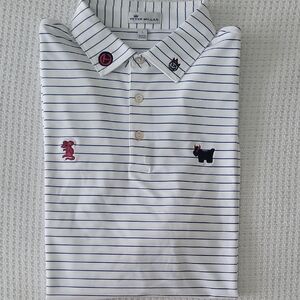 Peter Millar White Polo with Navy Stripes  Embroidered Scotty Cameron Motifs